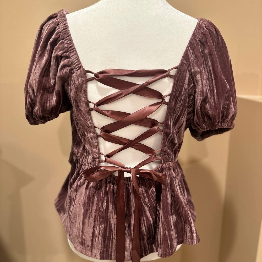 Anthropologie Velvet Lace-Up Blouse in Plum
